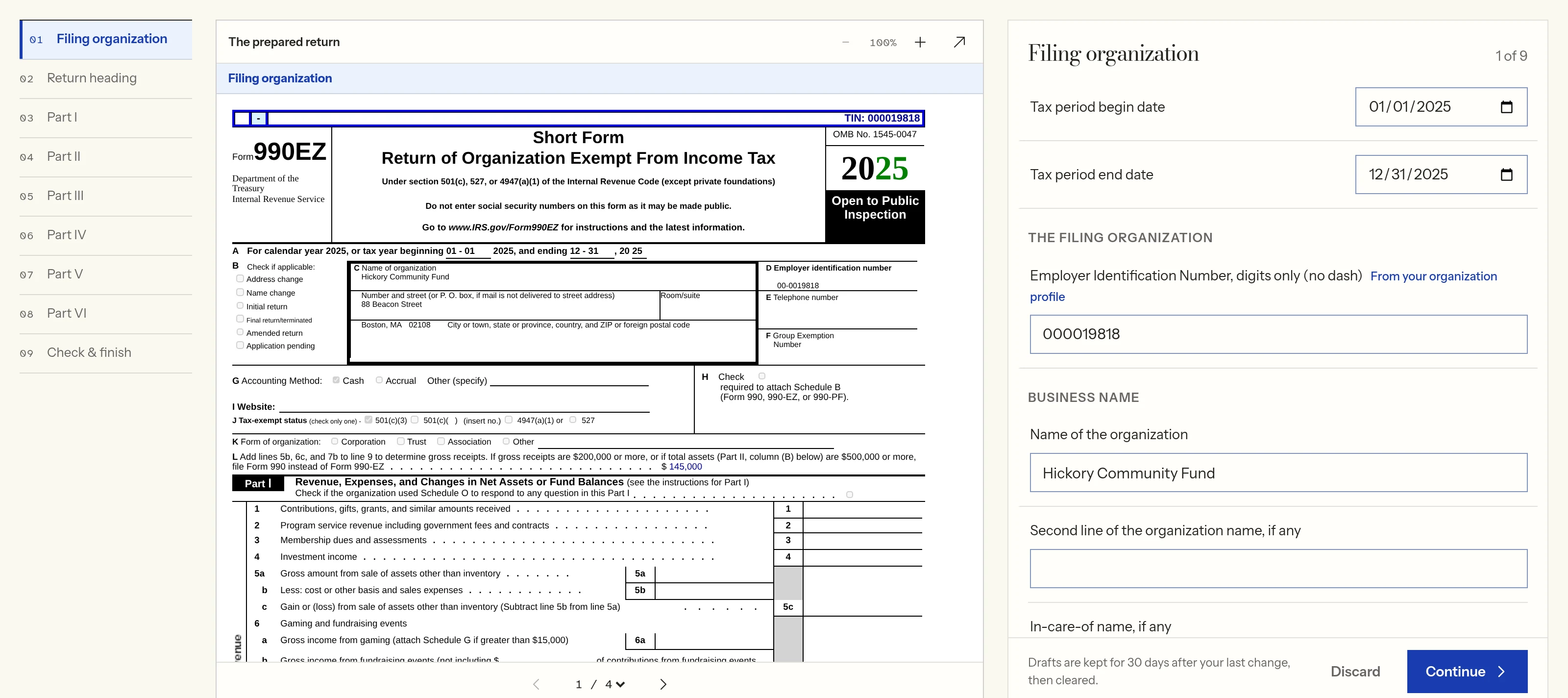 The form editor for a sample organization, with the prepared IRS Form 990-EZ on the left and the organization's entries being checked on the right